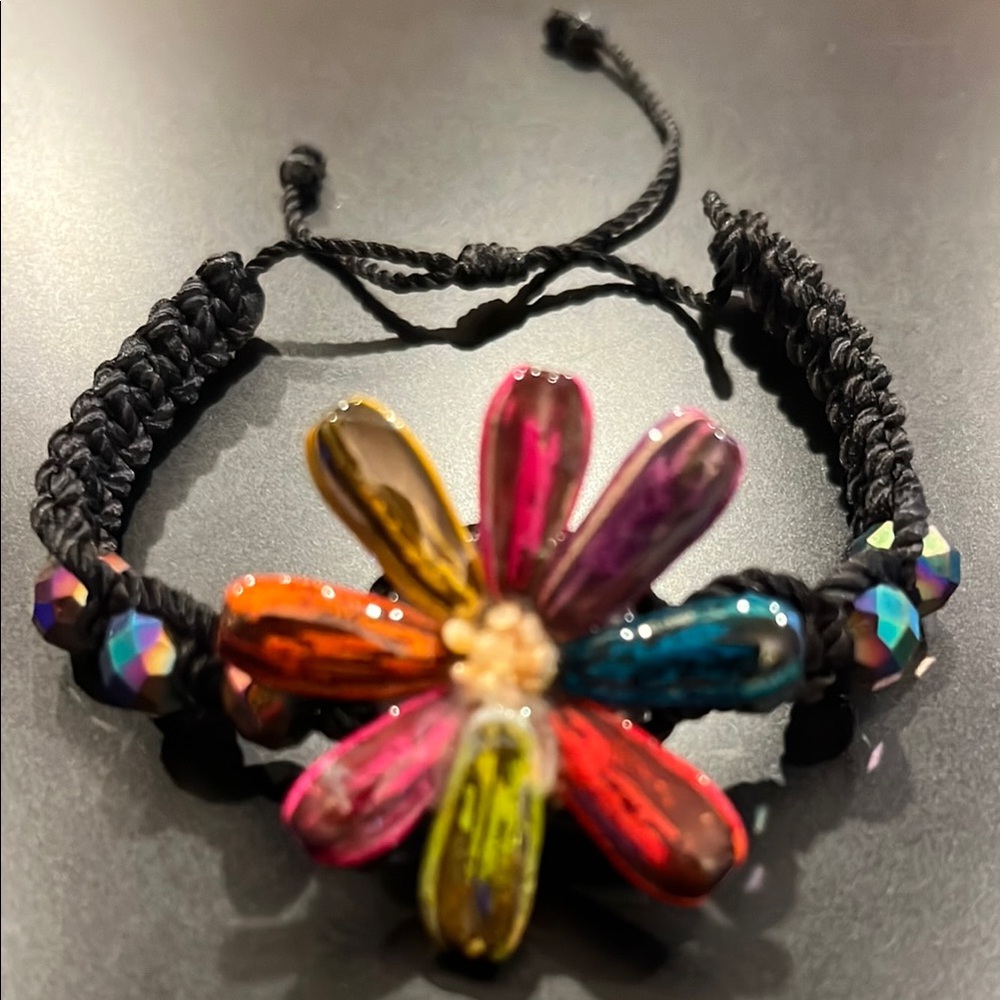 Colorful Multicolored Rainbow Flower Beaded Hand Painted Black Pull Bracelet New